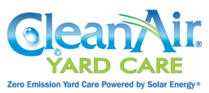 Logo for Clean Air Yard Care featuring blue and green text with a leaf incorporated into the design of the word "Air." Below, it says "Zero Emission Yard Care Powered by Solar Energy®.