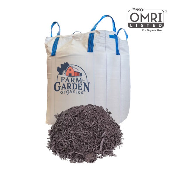 bulk bag with farm to garden logo and pile of all natural soil developer