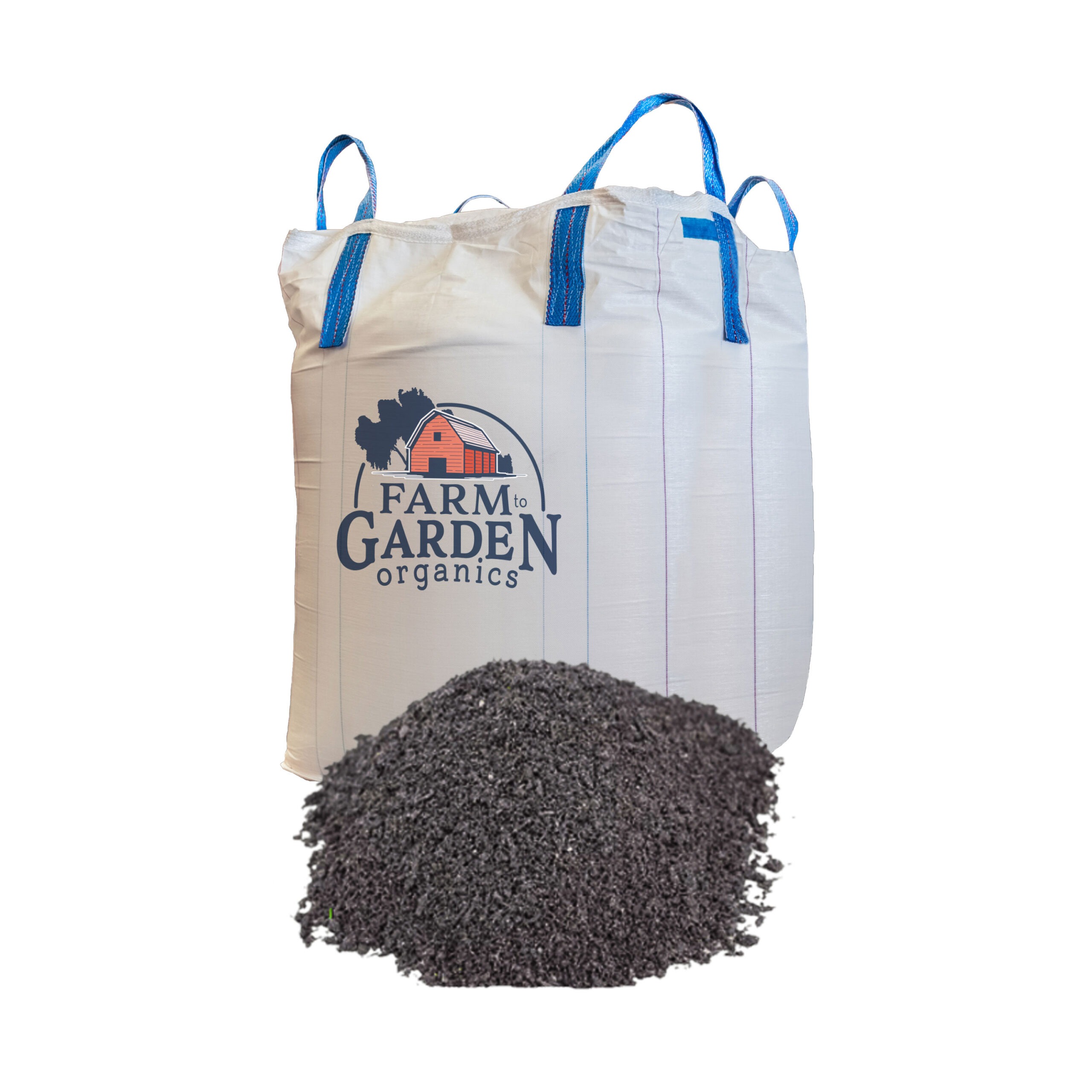 bulk bag with farm to garden logo and pile of lawnsaver soil developer