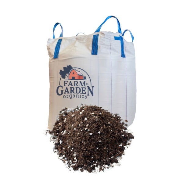 bulk bag with Farm to Garden logo and pile of outdoor potting mix soil