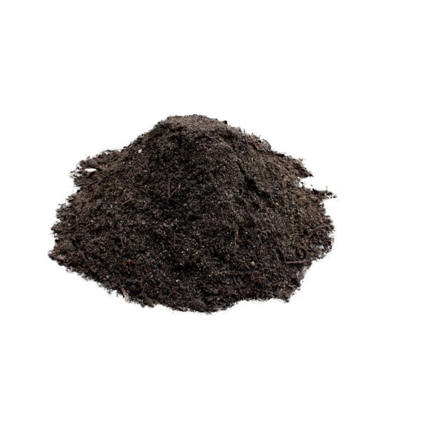 A mound of Garden Blend soil, dark brown and slightly elevated, rests against a white background. The soil appears rich and finely textured, making it ideal for gardening or planting.