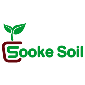 A logo with a stylized letter "S" in maroon forming a partial circle, from which a green sprout with two leaves grows. To the right, the text "Sooke Soil" is written in green, with the first "S" integrated into the sprout design.