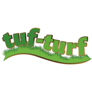 Logo of "tuf-turf" with green, grassy text that sits atop a wavy, grassy underline. The text has a 3D effect with brown shadowing, creating a raised appearance.