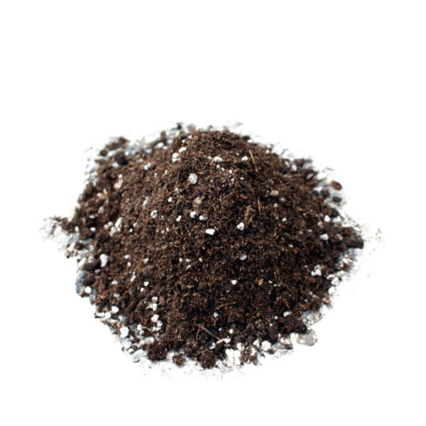 A small pile of Garden Blend, dark and rich with a few white specks of perlite mixed in, sits on a white background. The soil appears loose and well-aerated, making it ideal for gardening and planting.